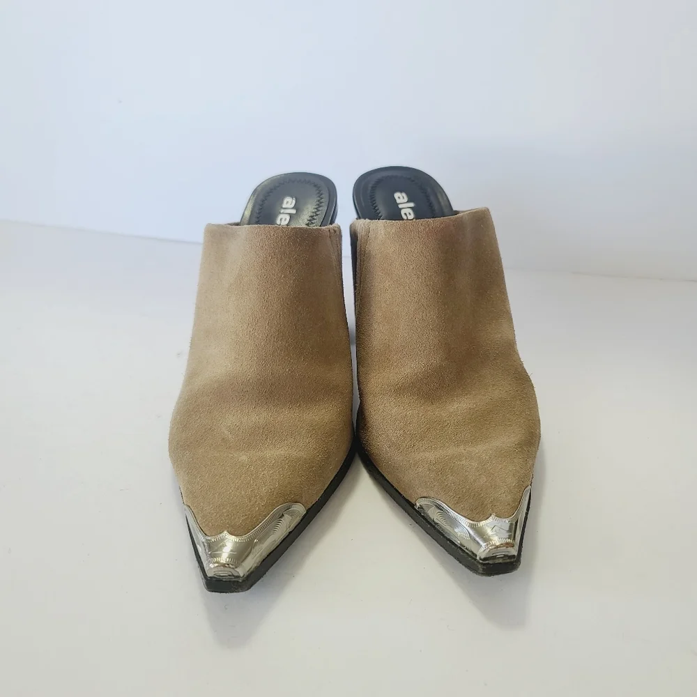 Alexander Wang Su Calf Taupe Suede Pointed Toe Mule with Silver Cap Heel Size 36 - Picture 3 of 8